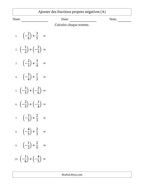 Ajouter des fractions propres négatives avec dénominateurs différents jusqu'aux sixièmes, résultats sous fractions propres et quelque simplification (A)