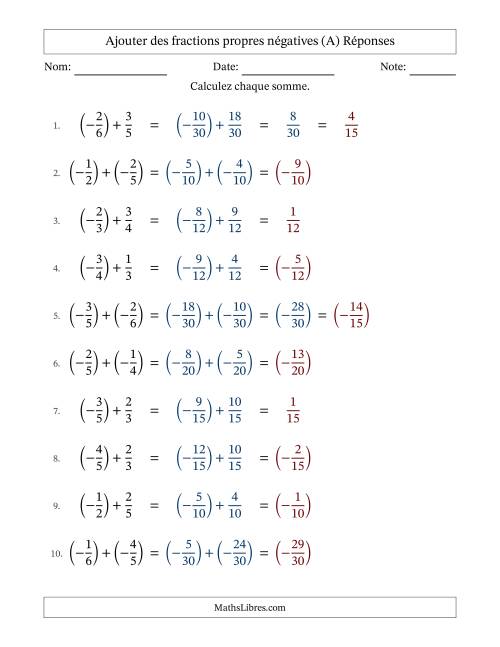 Ajouter des fractions propres négatives avec dénominateurs différents jusqu'aux sixièmes, résultats sous fractions propres et quelque simplification (A) page 2