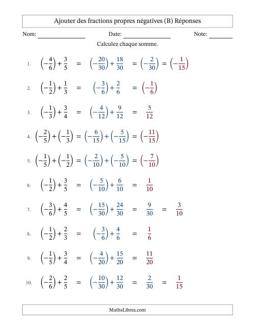 Ajouter des fractions propres négatives avec dénominateurs différents jusqu'aux sixièmes, résultats sous fractions propres et quelque simplification (B) page 2