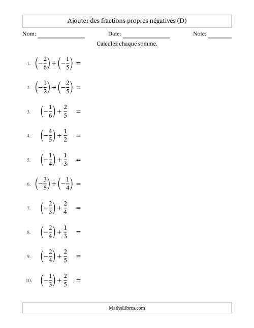 Ajouter des fractions propres négatives avec dénominateurs différents jusqu'aux sixièmes, résultats sous fractions propres et quelque simplification (D)
