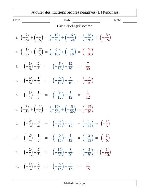 Ajouter des fractions propres négatives avec dénominateurs différents jusqu'aux sixièmes, résultats sous fractions propres et quelque simplification (D) page 2