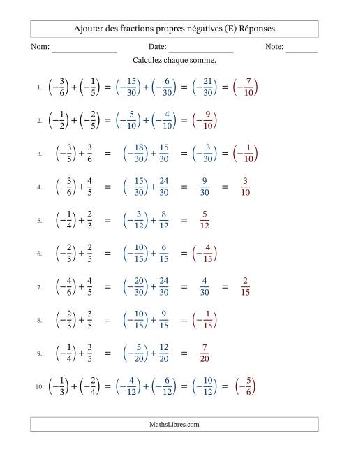 Ajouter des fractions propres négatives avec dénominateurs différents jusqu'aux sixièmes, résultats sous fractions propres et quelque simplification (E) page 2