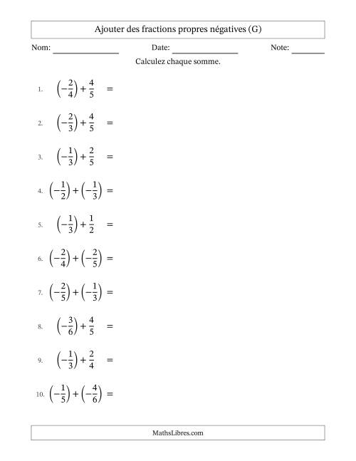Ajouter des fractions propres négatives avec dénominateurs différents jusqu'aux sixièmes, résultats sous fractions propres et quelque simplification (G)