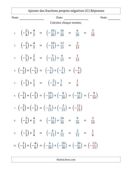 Ajouter des fractions propres négatives avec dénominateurs différents jusqu'aux sixièmes, résultats sous fractions propres et quelque simplification (G) page 2