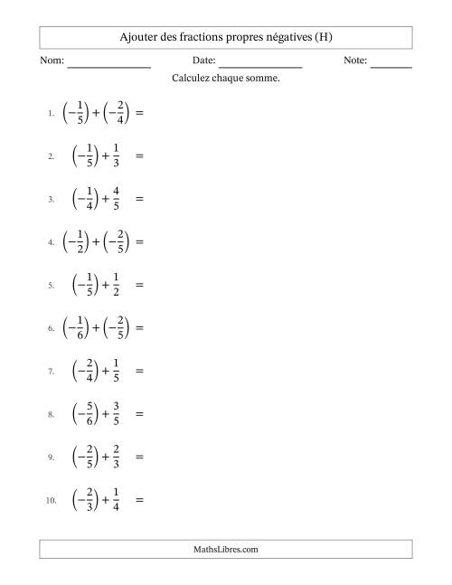 Ajouter des fractions propres négatives avec dénominateurs différents jusqu'aux sixièmes, résultats sous fractions propres et quelque simplification (H)