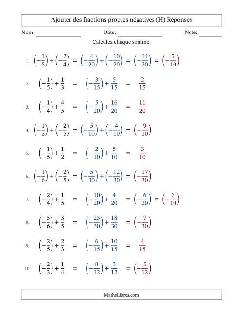 Ajouter des fractions propres négatives avec dénominateurs différents jusqu'aux sixièmes, résultats sous fractions propres et quelque simplification (H) page 2