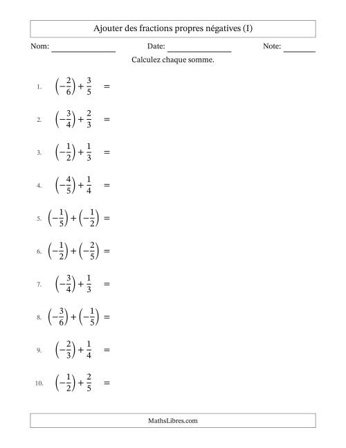 Ajouter des fractions propres négatives avec dénominateurs différents jusqu'aux sixièmes, résultats sous fractions propres et quelque simplification (I)