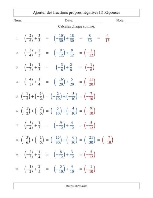 Ajouter des fractions propres négatives avec dénominateurs différents jusqu'aux sixièmes, résultats sous fractions propres et quelque simplification (I) page 2