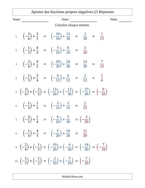 Ajouter des fractions propres négatives avec dénominateurs différents jusqu'aux sixièmes, résultats sous fractions propres et quelque simplification (J) page 2