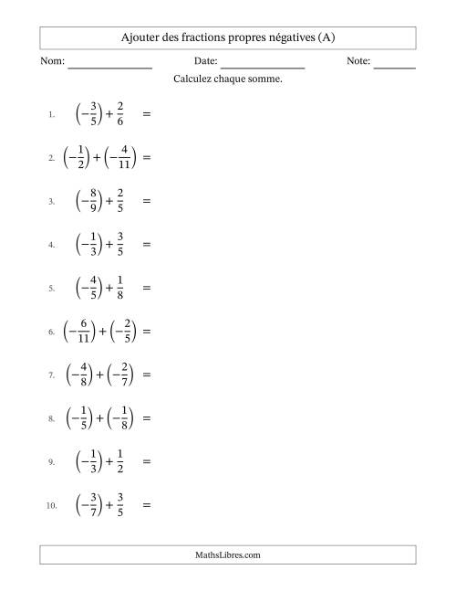 Ajouter des fractions propres négatives avec dénominateurs différents jusqu'aux douzièmes, résultats sous fractions propres et quelque simplification (A)