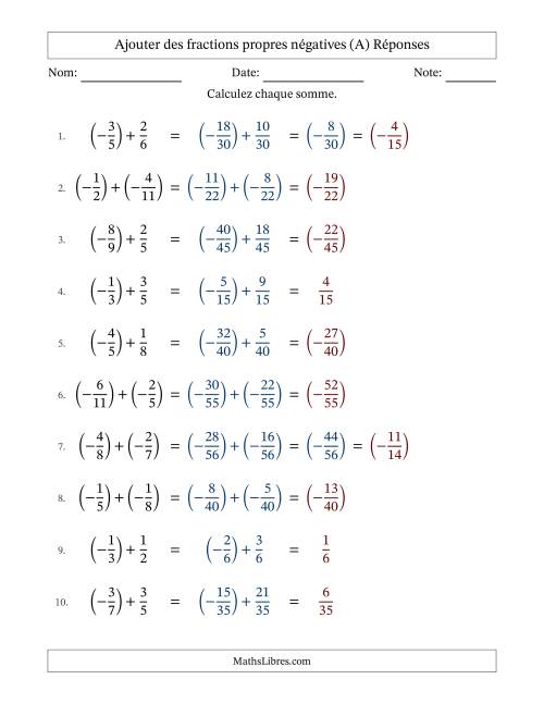 Ajouter des fractions propres négatives avec dénominateurs différents jusqu'aux douzièmes, résultats sous fractions propres et quelque simplification (A) page 2