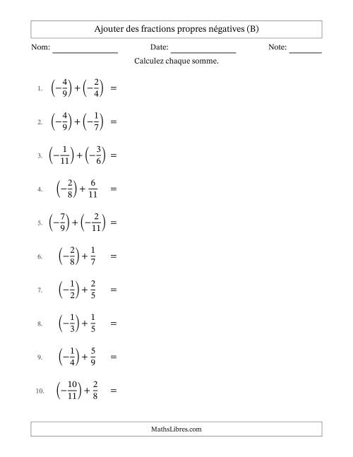 Ajouter des fractions propres négatives avec dénominateurs différents jusqu'aux douzièmes, résultats sous fractions propres et quelque simplification (B)