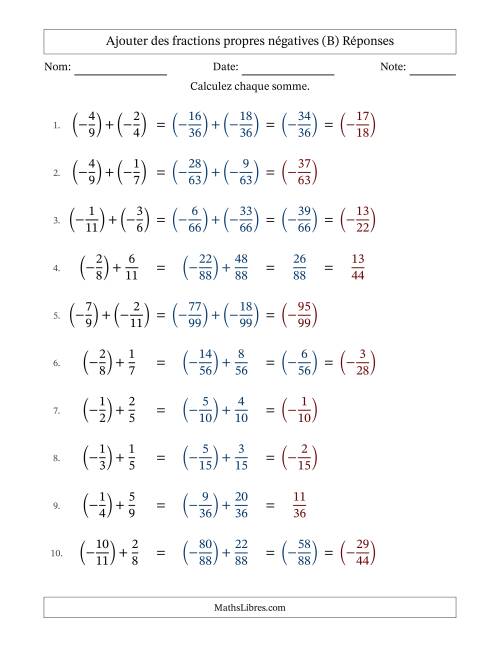 Ajouter des fractions propres négatives avec dénominateurs différents jusqu'aux douzièmes, résultats sous fractions propres et quelque simplification (B) page 2