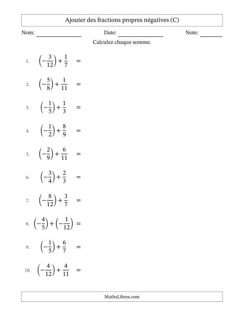 Ajouter des fractions propres négatives avec dénominateurs différents jusqu'aux douzièmes, résultats sous fractions propres et quelque simplification (C)