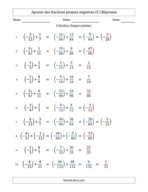 Ajouter des fractions propres négatives avec dénominateurs différents jusqu'aux douzièmes, résultats sous fractions propres et quelque simplification (C) page 2