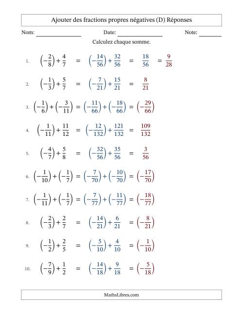 Ajouter des fractions propres négatives avec dénominateurs différents jusqu'aux douzièmes, résultats sous fractions propres et quelque simplification (D) page 2