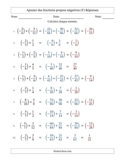 Ajouter des fractions propres négatives avec dénominateurs différents jusqu'aux douzièmes, résultats sous fractions propres et quelque simplification (F) page 2