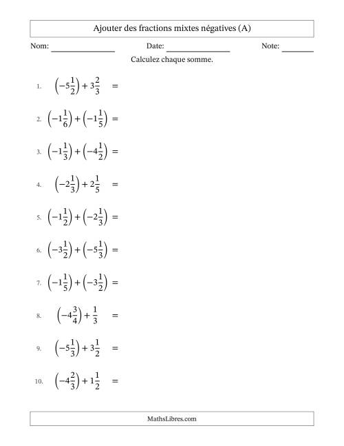 Ajouter des fractions mixtes négatives avec dénominateurs différents jusqu'aux sixièmes, résultats sous fractions mixtes et sans simplification (A)