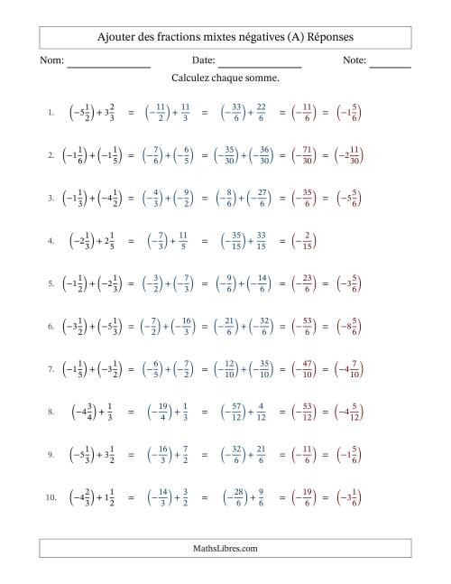Ajouter des fractions mixtes négatives avec dénominateurs différents jusqu'aux sixièmes, résultats sous fractions mixtes et sans simplification (A) page 2