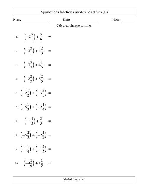 Ajouter des fractions mixtes négatives avec dénominateurs différents jusqu'aux sixièmes, résultats sous fractions mixtes et sans simplification (C)