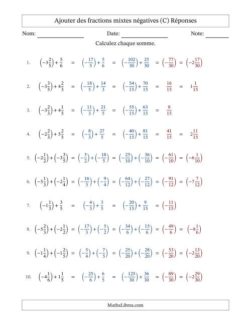 Ajouter des fractions mixtes négatives avec dénominateurs différents jusqu'aux sixièmes, résultats sous fractions mixtes et sans simplification (C) page 2