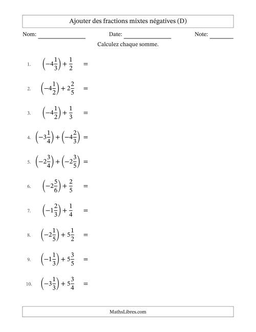 Ajouter des fractions mixtes négatives avec dénominateurs différents jusqu'aux sixièmes, résultats sous fractions mixtes et sans simplification (D)