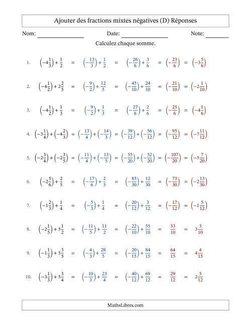 Ajouter des fractions mixtes négatives avec dénominateurs différents jusqu'aux sixièmes, résultats sous fractions mixtes et sans simplification (D) page 2