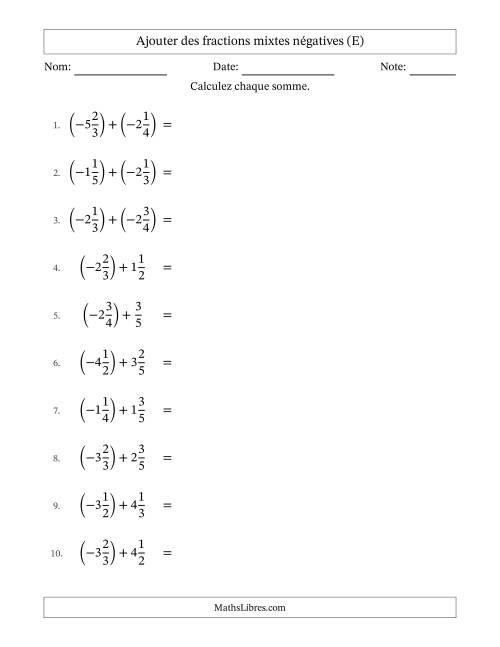 Ajouter des fractions mixtes négatives avec dénominateurs différents jusqu'aux sixièmes, résultats sous fractions mixtes et sans simplification (E)