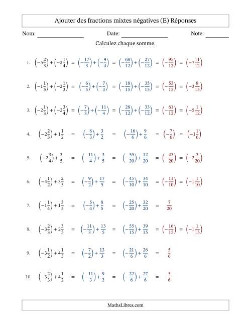 Ajouter des fractions mixtes négatives avec dénominateurs différents jusqu'aux sixièmes, résultats sous fractions mixtes et sans simplification (E) page 2