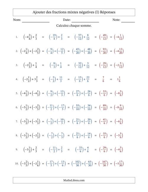Ajouter des fractions mixtes négatives avec dénominateurs différents jusqu'aux sixièmes, résultats sous fractions mixtes et sans simplification (I) page 2