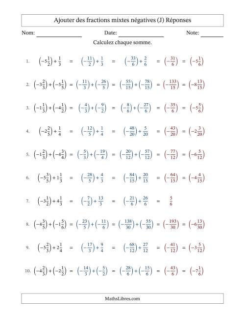 Ajouter des fractions mixtes négatives avec dénominateurs différents jusqu'aux sixièmes, résultats sous fractions mixtes et sans simplification (J) page 2