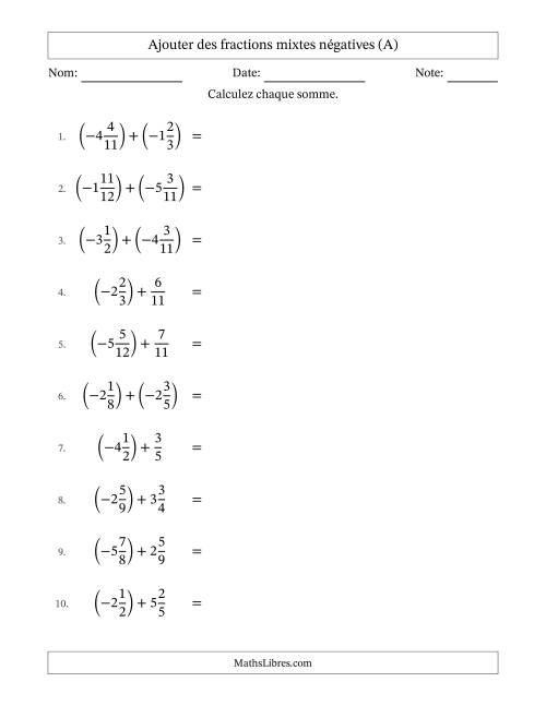 Ajouter des fractions mixtes négatives avec dénominateurs différents jusqu'aux douzièmes, résultats sous fractions mixtes et sans simplification (A)