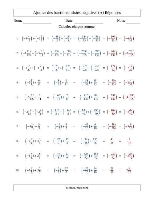 Ajouter des fractions mixtes négatives avec dénominateurs différents jusqu'aux douzièmes, résultats sous fractions mixtes et sans simplification (A) page 2