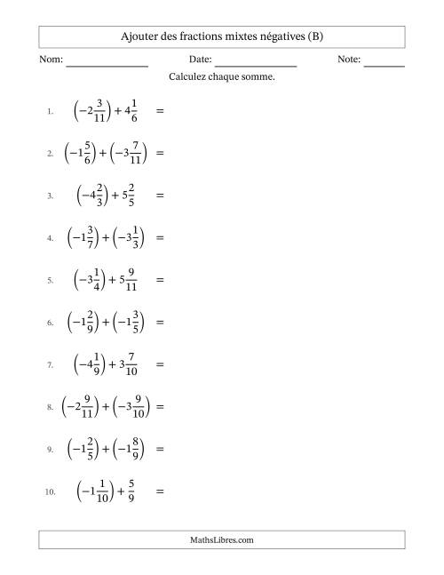 Ajouter des fractions mixtes négatives avec dénominateurs différents jusqu'aux douzièmes, résultats sous fractions mixtes et sans simplification (B)