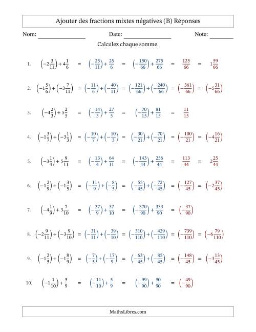 Ajouter des fractions mixtes négatives avec dénominateurs différents jusqu'aux douzièmes, résultats sous fractions mixtes et sans simplification (B) page 2
