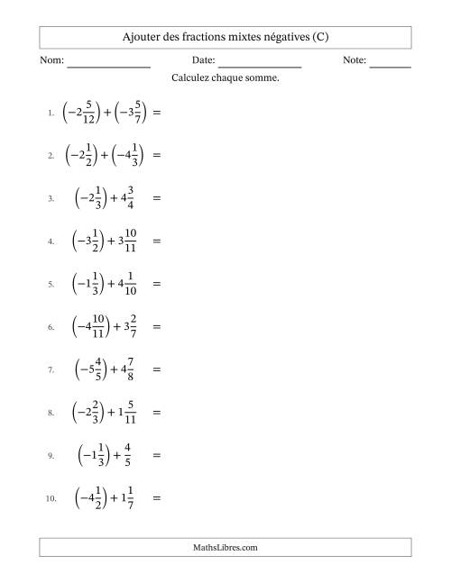 Ajouter des fractions mixtes négatives avec dénominateurs différents jusqu'aux douzièmes, résultats sous fractions mixtes et sans simplification (C)