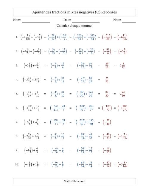 Ajouter des fractions mixtes négatives avec dénominateurs différents jusqu'aux douzièmes, résultats sous fractions mixtes et sans simplification (C) page 2