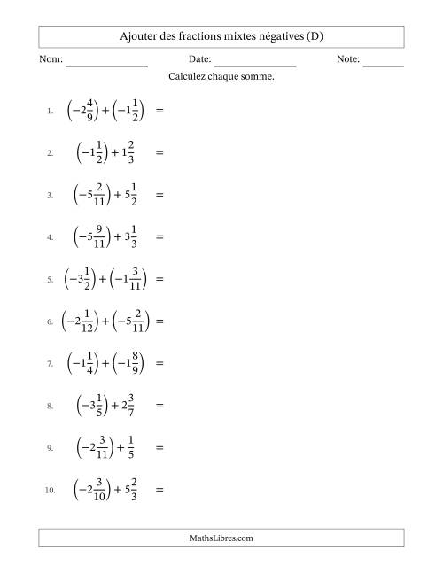Ajouter des fractions mixtes négatives avec dénominateurs différents jusqu'aux douzièmes, résultats sous fractions mixtes et sans simplification (D)