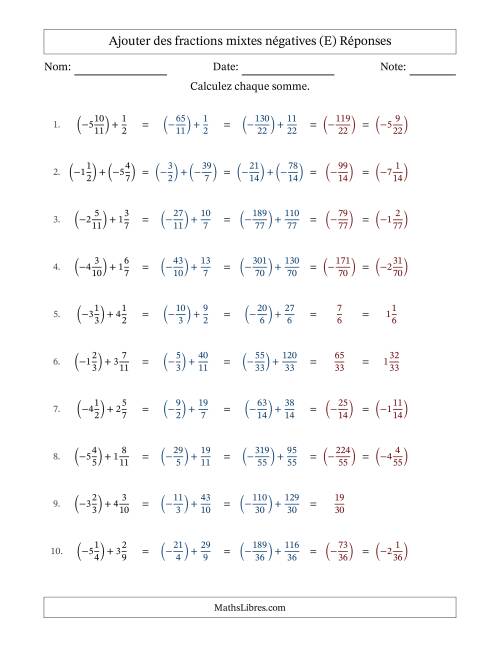 Ajouter des fractions mixtes négatives avec dénominateurs différents jusqu'aux douzièmes, résultats sous fractions mixtes et sans simplification (E) page 2