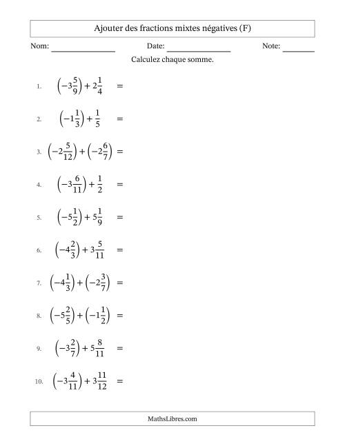 Ajouter des fractions mixtes négatives avec dénominateurs différents jusqu'aux douzièmes, résultats sous fractions mixtes et sans simplification (F)