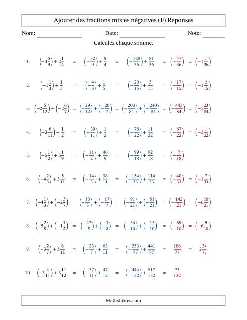 Ajouter des fractions mixtes négatives avec dénominateurs différents jusqu'aux douzièmes, résultats sous fractions mixtes et sans simplification (F) page 2