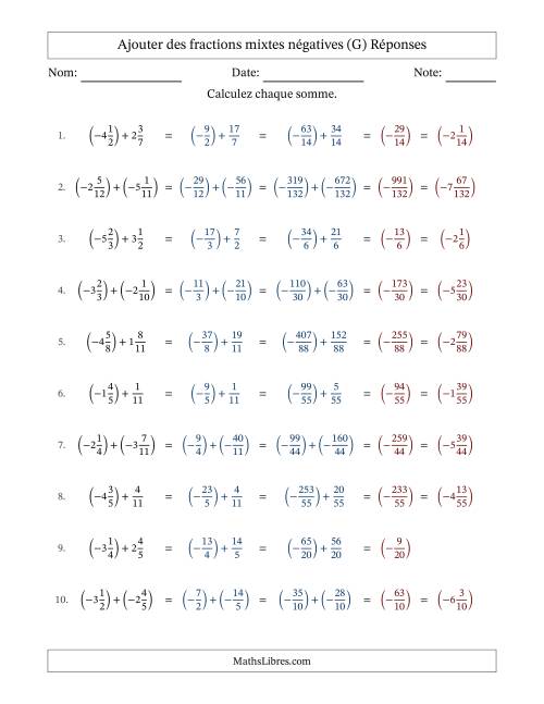 Ajouter des fractions mixtes négatives avec dénominateurs différents jusqu'aux douzièmes, résultats sous fractions mixtes et sans simplification (G) page 2