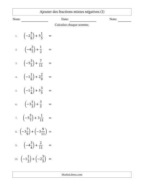 Ajouter des fractions mixtes négatives avec dénominateurs différents jusqu'aux douzièmes, résultats sous fractions mixtes et sans simplification (I)