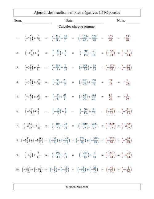 Ajouter des fractions mixtes négatives avec dénominateurs différents jusqu'aux douzièmes, résultats sous fractions mixtes et sans simplification (I) page 2