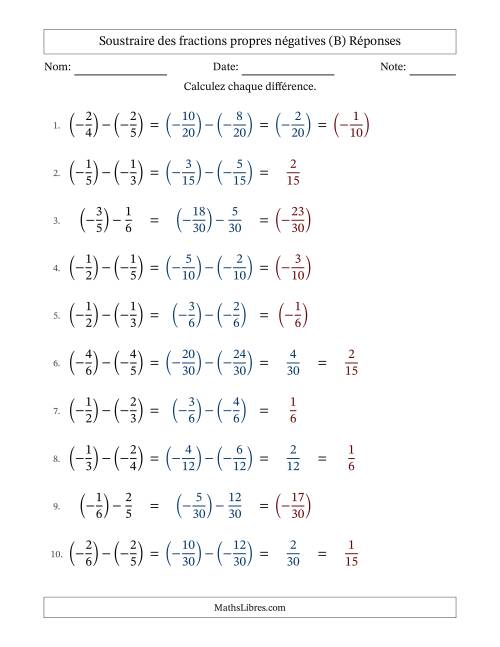Soustraire des fractions propres négatives avec dénominateurs différents jusqu'aux sixièmes, résultats sous fractions propres et quelque simplification (B) page 2