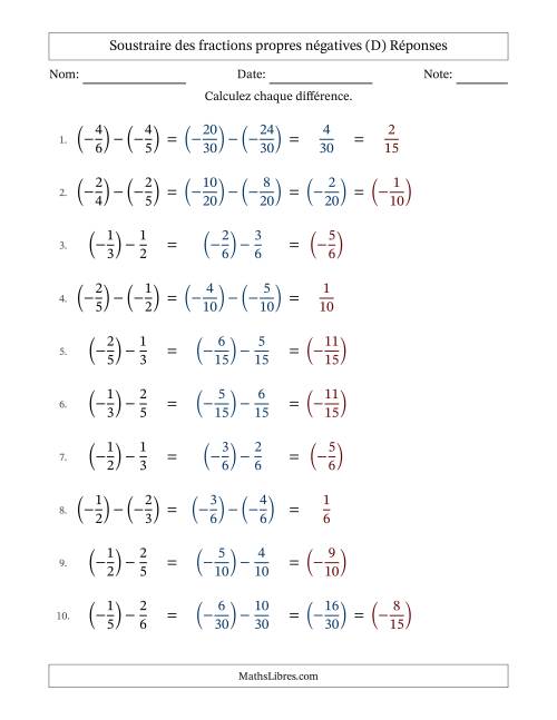 Soustraire des fractions propres négatives avec dénominateurs différents jusqu'aux sixièmes, résultats sous fractions propres et quelque simplification (D) page 2