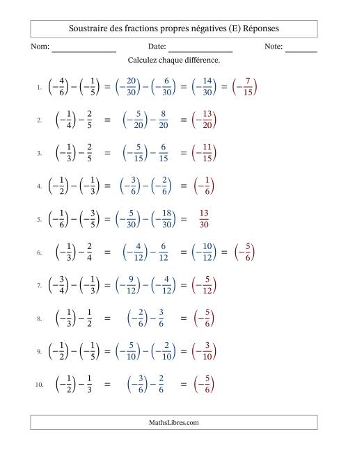 Soustraire des fractions propres négatives avec dénominateurs différents jusqu'aux sixièmes, résultats sous fractions propres et quelque simplification (E) page 2