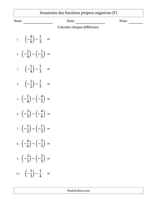 Soustraire des fractions propres négatives avec dénominateurs différents jusqu'aux sixièmes, résultats sous fractions propres et quelque simplification (F)