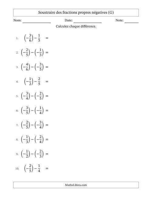 Soustraire des fractions propres négatives avec dénominateurs différents jusqu'aux sixièmes, résultats sous fractions propres et quelque simplification (G)