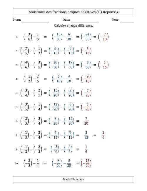 Soustraire des fractions propres négatives avec dénominateurs différents jusqu'aux sixièmes, résultats sous fractions propres et quelque simplification (G) page 2